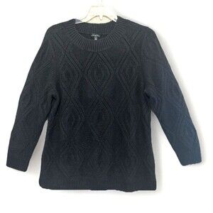 Talbots Crew Neck Sweater Diamond Cable Knit XL Black Sparkle Long Sleeve Comfy